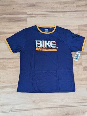 NWT BIKE Logo Ringer T-Shirt Retro Navy Blue Contrast Yellow Trim Logo Tee 2XL